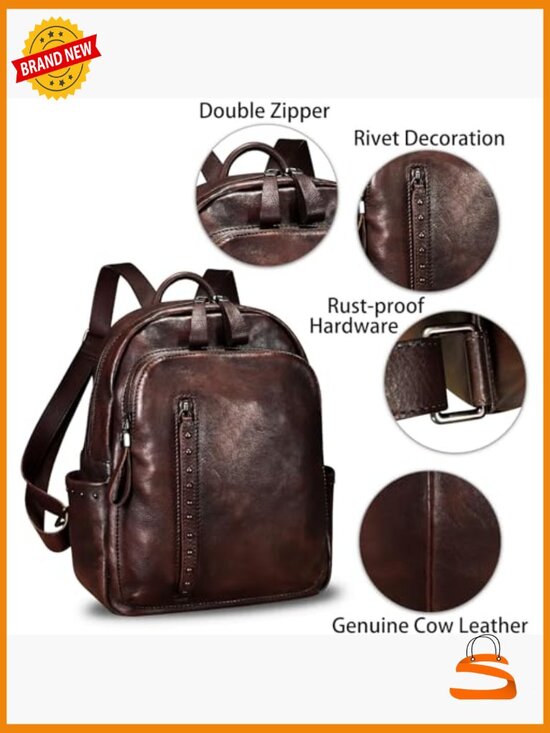 Genuine Leather Backpack Purse Vintage Rivets Rucksack Daypack College Bag main image 4